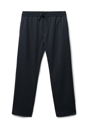 Un pantalon de survêtement bleu marine avec une taille élastique et un cordon de serrage. Il possède des poches latérales et un tissu lisse et léger. Design à jambe droite.