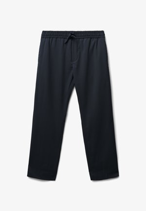 Marineblaue Sweatpants mit elastischem Bund und Kordelzug. Mit Seiten taschen und einem glatten, leichten Stoff. Gerades Bein Design.