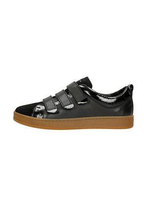 Black sneaker with three adjustable strap closures, smooth leather upper, shiny accents, and a textured gum rubber sole.