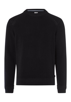 Maglione nero in maglia con scollo rotondo, maniche raglan, polsini e orlo a coste, caratterizzato da una sottile texture e privo di motivi o dettagli visibili.