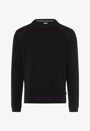 Schwarzer Strickpullover mit Rundhalsausschnitt, Raglanärmeln, gerippten Bündchen und Saum, der eine subtile Textur aufweist und keine sichtbaren Muster oder Akzente hat.