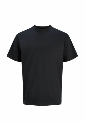 Schwarzes T-Shirt mit kurzen Ärmeln und Rundhalsausschnitt, locker geschnitten und schlichtem Design auf weißem Hintergrund.