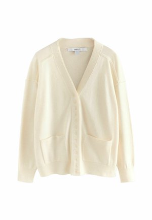Cremfarbener Cardigan mit V-Ausschnitt, ausgestattet mit einer durchgehenden Knopfleiste, zwei vorderen Taschen und gerippten Bündchen. Hergestellt aus weichem, strukturiertem Stoff.
