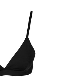 Bralette triangulaire noir en tissu lisse, doté de bretelles fines et d'un design sans couture sans matériel ni ornement visible.