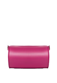Borsa cilindrica rosa realizzata in materiale sintetico liscio, dotata di chiusura con zip e manico rimovibile. Il design è senza cuciture con bordi arrotondati.