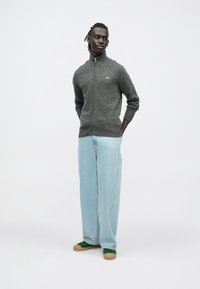 Šedý sveter na zips s vysokým golierom, nosený cez svetlomodré široké džínsy a zelené tenisky s hnedými podrážkami. Má malú logo.