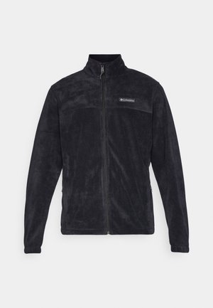 Black fleece jacket with a zip closure, high collar, and a partial logo on the chest. Smooth texture and long sleeves.