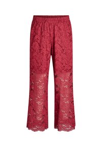 Pantalons en dentelle rouge avec un motif floral, une taille élastique et des jambes évasées avec des sections en dentelle transparente en bas.
