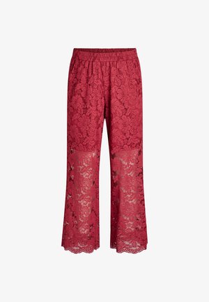 Rode kant broek met een bloemmotief, een elastische tailleband en flared benen met doorschijnende kantsecties aan de onderkant.