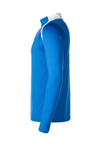 Camicia a maniche lunghe blu con colletto bianco, realizzata in tessuto morbido e traspirante, caratterizzata da un design aderente e scollatura a girocollo.