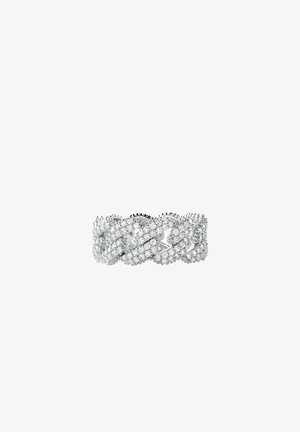 Rhinestone-studded silver ring featuring a twisted design with circular and oval shapes, showcasing a high-polish finish and shimmering accents.