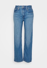 Ljusblå denimjeans med hög midja, rak benstil, fem fickor och knappstängning fram. Ingen synlig slitage eller mönster.