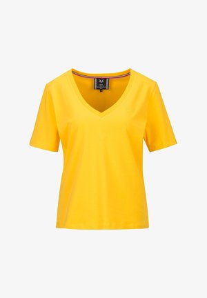 Gelbes Kurzarm-V-Ausschnitt-T-Shirt mit kleinem, gesticktem Logo auf der Brust und einem schwarzen Etikett innen am Ausschnitt.