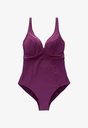 Fioletowy jednoczęściowy kostium kąpielowy z głębokim dekoltem w kształcie V, szerokimi ramiączkami i wysokim krojem nogawek. Wykonany z gładkiego materiału z delikatnym marszczeniem w talii.