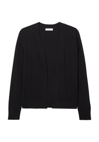 Cardigan noir léger avec une ouverture à l'avant, des manches longues et un ourlet côtelé. Fabriqué en tissu doux, avec une texture lisse et un design simple.