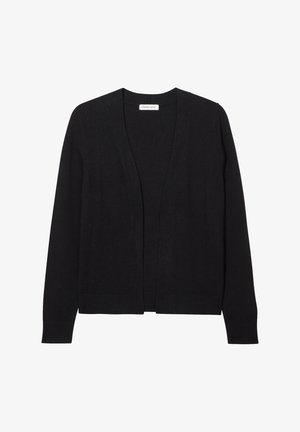 Black, lightweight cardigan with an open front, long sleeves, and ribbed hem. Made from soft fabric, featuring a smooth texture and simple design.