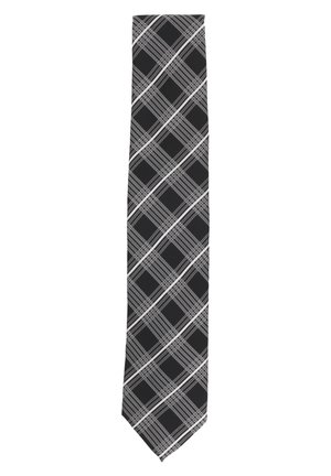 Black tie with a checkered pattern in white and gray. Made of fabric, it features a pointed tip and a smooth texture.