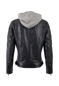 Schwarze Lederjacke mit grauem Kapuzenpulli, der angenäht ist. Verfügt über eine glatte Textur, Reißverschlussärmel und Nahtdetails auf dem Rücken.