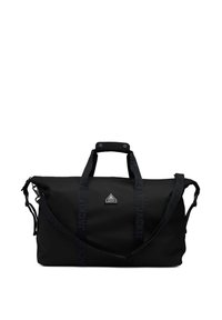 Borsa a tracolla nera realizzata in materiale resistente, con doppi manici, una tracolla regolabile e una patch con logo triangolare.