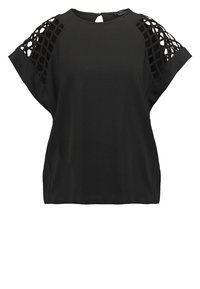 Top corto a maniche corte nero con design a rete ritagliata sulle spalle, collo rotondo, vestibilità comoda e texture morbida e liscia.