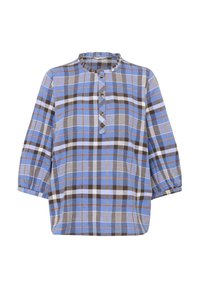 Blaue karierte Bluse aus weichem Stoff, mit rundem Halsausschnitt und Rüsche, drei Knöpfen und 3/4-Ärmeln mit elastischen Bündchen.