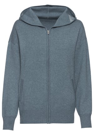 Blaues Kapuzensweatshirt mit Reißverschluss aus weichem Stoff, ausgestattet mit einer großen Kapuze, Seitentaschen und gerippten Bündchen für eine enge Passform.