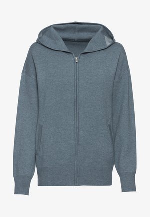 Blaues Kapuzensweatshirt mit Reißverschluss aus weichem Stoff, ausgestattet mit einer großen Kapuze, Seitentaschen und gerippten Bündchen für eine enge Passform.