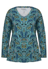 Türkisfarbendes Baumwolloberteil mit langen Ärmeln und V-Ausschnitt, mit einem Paisleymuster in Blau, Gelb, Schwarz und Weiß. Leicht A-Linien-Form.