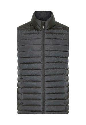 Čierna vypchávkovaná vesta s vysokým golierom, s horizontálnym prešívaním, predným zipsom a hladkou textúrou. Bez rukávov; ľahký dizajn.