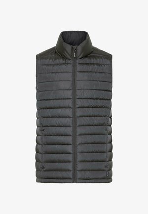 Čierna vypchávkovaná vesta s vysokým golierom, s horizontálnym prešívaním, predným zipsom a hladkou textúrou. Bez rukávov; ľahký dizajn.
