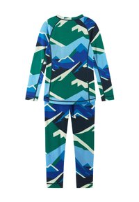 Dwuczęściowa piżama z długim rękawem z wzorem gór w kolorach zielonym, niebieskim i białym. Miękki materiał o luźnym kroju z kontrastowymi szwami.