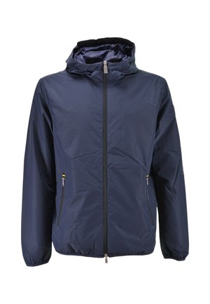 Giacca antivento con cappuccio blu navy, chiusura frontale con cerniera completa e tasche laterali con cerniera, polsini elasticizzati e leggero lucido sul tessuto.