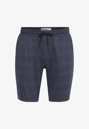 Mornarsko modri šortisi iz mehkega blaga s subtilno teksturo, ki imajo elastični pas in oblikovalko za prilagodljivo velikost.