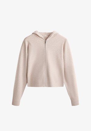 Hoodie cropped color beige chiaro, caratterizzato da una zip frontale, maniche lunghe, texture morbida e cappuccio. Design semplice senza motivi o accenti visibili.