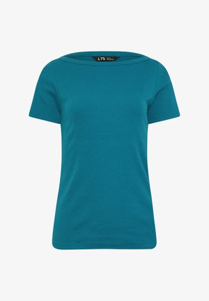 Petrolblå, ribbet kortærmet T-shirt til kvinder med rund halsudskæring og en synlig sort mærkeetiket indeni kraven.