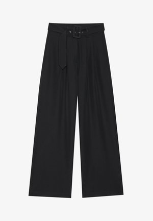Wide-leg black trousers made of smooth fabric, featuring a high waist, a belt with a square buckle, and front pleats for added texture.