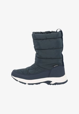 Navy waterproof winter boot featuring quilted upper, rounded toe, and white sole with textured grip patterns. Mid-calf height design.