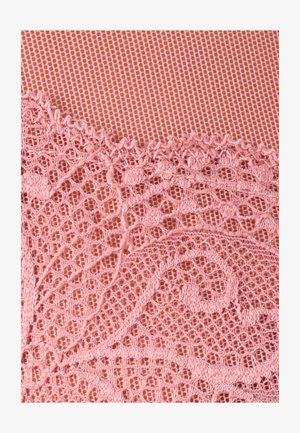 Roze kantstof met ingewikkelde patronen en bloemmotieven op een fijne gaas achtergrond, die textuur en vakmanschap tentoonstelt.