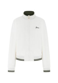 Witte ritsjack met ribbeltextuur, groene accenten op de kraag en manchetten, en een subtiele geborduurde logo op de linkerborst.