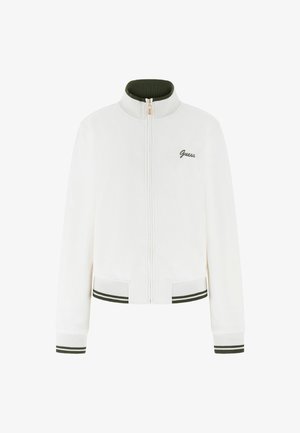 White zip-up jacket featuring ribbed texture, green accent collar and cuffs, and subtle embroidered logo on the left chest.