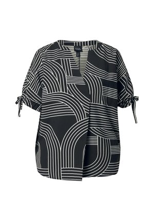 Schwarze Bluse mit kurzen Ärmeln, verziert mit weißen, geschwungenen und geraden Linienmustern, V-Ausschnitt und Ärmel mit Bindebändern.