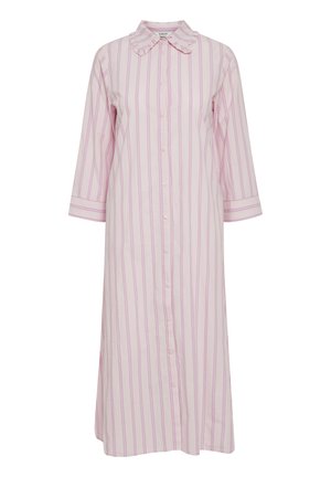 Roze gestreepte blousejurk met een volants-kraag en driekwartmouwen, gemaakt van lichtgewicht stof, met verticale strepen en een relaxte pasvorm.