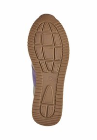 Semelle de sneaker en caoutchouc brun avec un motif de grille texturé, dotée d'un accent violet et d'une étiquette de taille "37."