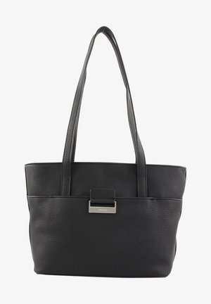 Schwarze Leder-Tote mit strukturiertem Finish, zwei langen Trägern, rechteckiger Struktur und einem metallischen Akzentverschluss an der Vorderseite.