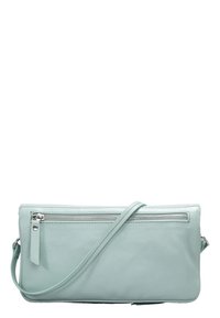 Pistáciově zelená kožená kabelka přes rameno s hladkou strukturou, přední kapsou na zip a tenkým popruhem pro snadné nošení.