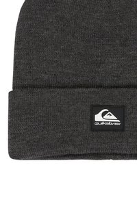 Dark gray knitted beanie with a folded cuff featuring a black and white Quiksilver logo patch.