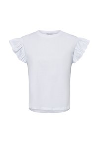 White short-sleeve T-shirt with ruffled accents on sleeves, made of soft cotton, featuring a simple round neckline and straight hem.