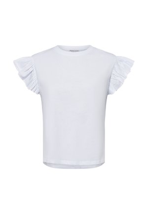 Weißes kurzärmliges T-Shirt mit Rüschendetails an den Ärmeln, aus weicher Baumwolle, mit einem einfachen runden Halsausschnitt und geradem Saum.