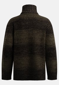 Pull en tricot avec un col haut, arborant des nuances variées de vert foncé et de noir. Motif texturé avec des poignets et un ourlet côtelés.