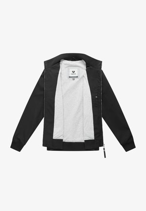 Czarna kurtka na zamek błyskawiczny z prążkowanym kołnierzem i mankietami, jasnoszara podszewka oraz metka "ragwear" wewnątrz kołnierza.